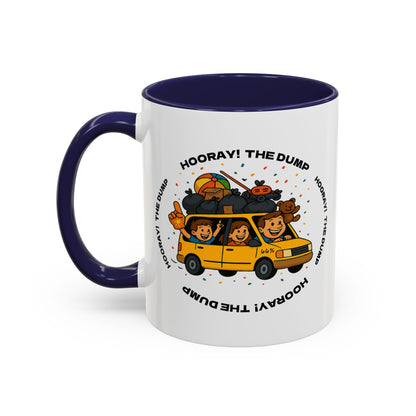 Cartoon yellow “66%” minivan mug decal with roof piled high in trash bags, lawnmower and beach ball, plus a smiling dad and two waving daughters amid confetti.