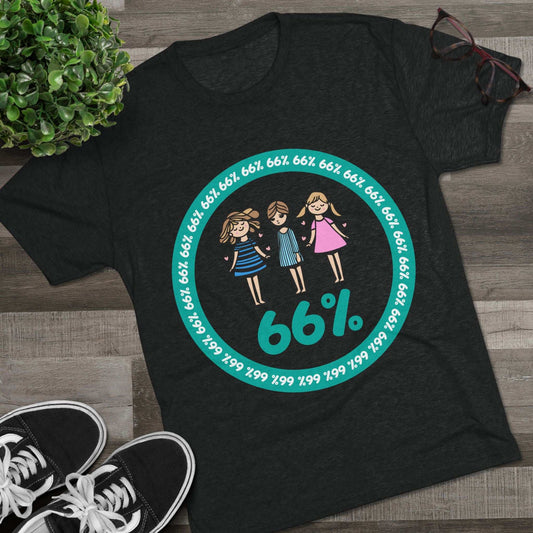 Flat-lay of tri-blend tee with three cartoon girls inside a teal 66% circle and repeating 66% border