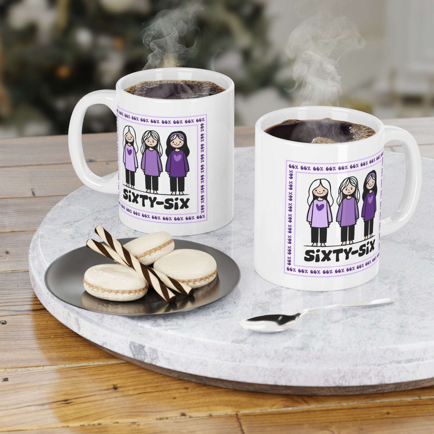 Coffee mug printed with a purple-bordered illustration: three girls in matching purple tops (one looking unhappy), encircled by ‘66%’ text, and the caption ‘SIXTY-SIX’ underneath.