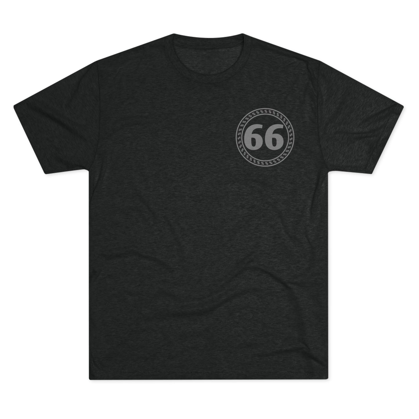 Retro 66% Tri-Blend Tee — flat-lay graphic t-shirt with circular 66 logo, heather blend, casual unisex style