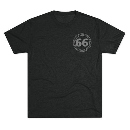 Retro 66% Tri-Blend Tee — flat-lay graphic t-shirt with circular 66 logo, heather blend, casual unisex style