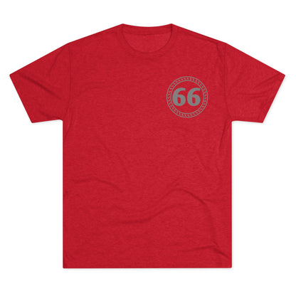 Retro 66% Tri-Blend Tee — flat-lay graphic t-shirt with circular 66 logo, heather blend, casual unisex style