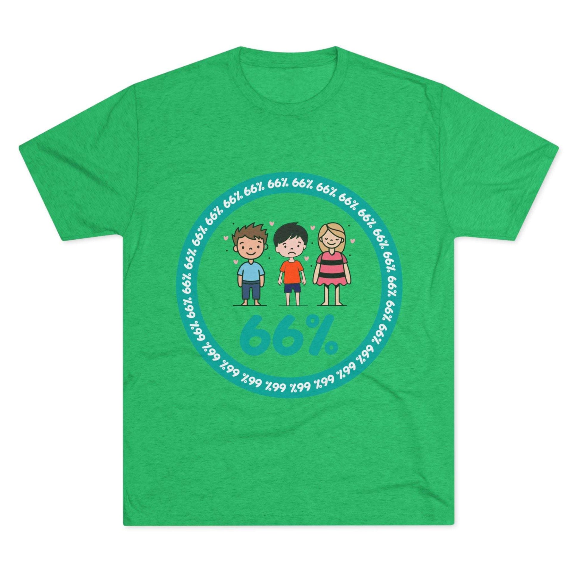 Flat-lay of tri-blend tee with two cartoon boys and one girl inside a teal 66% circle and repeating 66% border