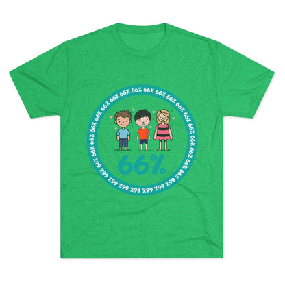 Flat-lay of tri-blend tee with two cartoon boys and one girl inside a teal 66% circle and repeating 66% border