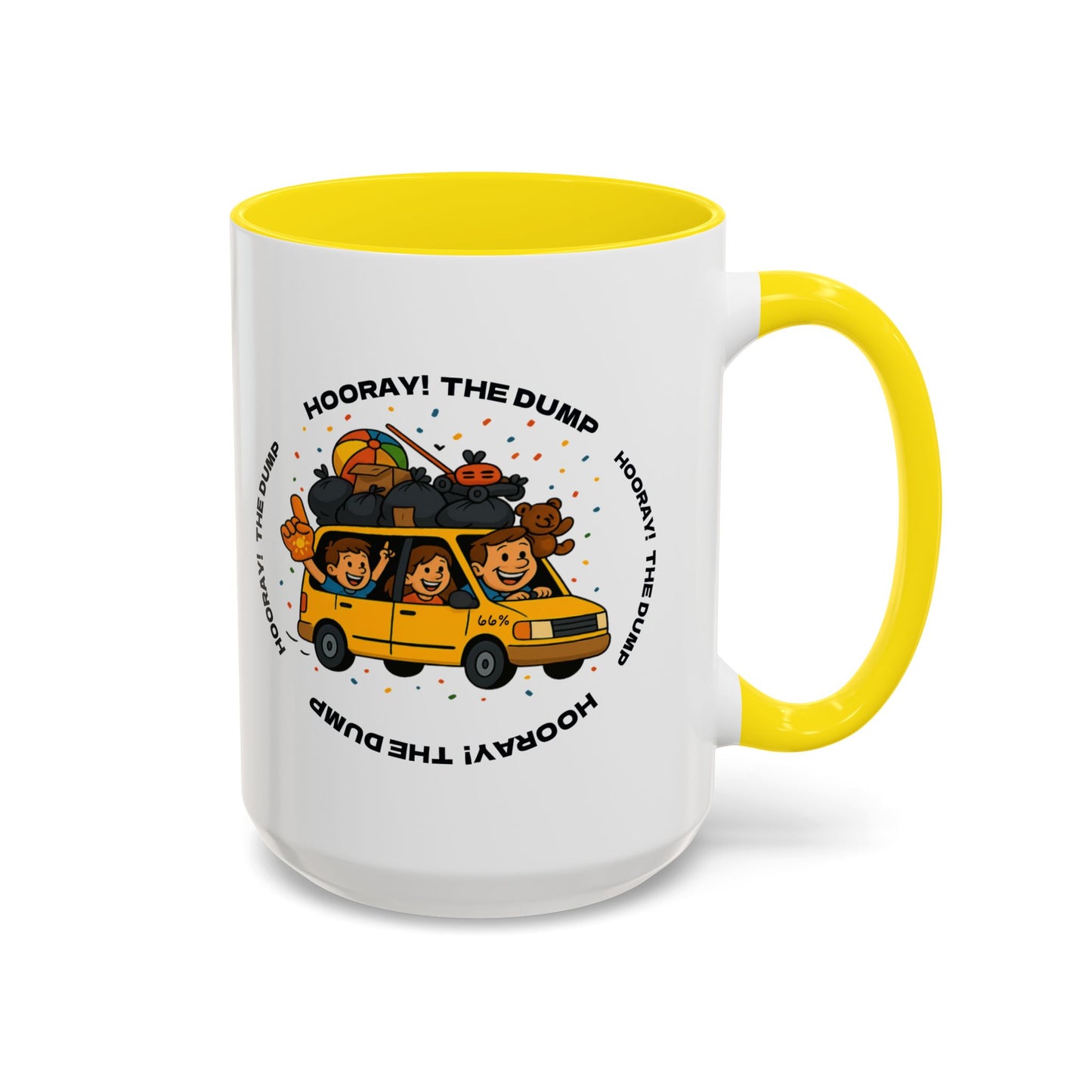 Cartoon yellow “66%” minivan mug decal with roof piled high in trash bags, lawnmower and beach ball, plus a smiling dad and two waving daughters amid confetti.