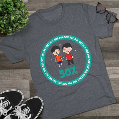 Original Boy Boy 50% Tri-Blend Tee — graphic t-shirt flat-lay, cartoon siblings inside teal 50% circle, repeating 50% pattern, bold 50% text, casual unisex style.