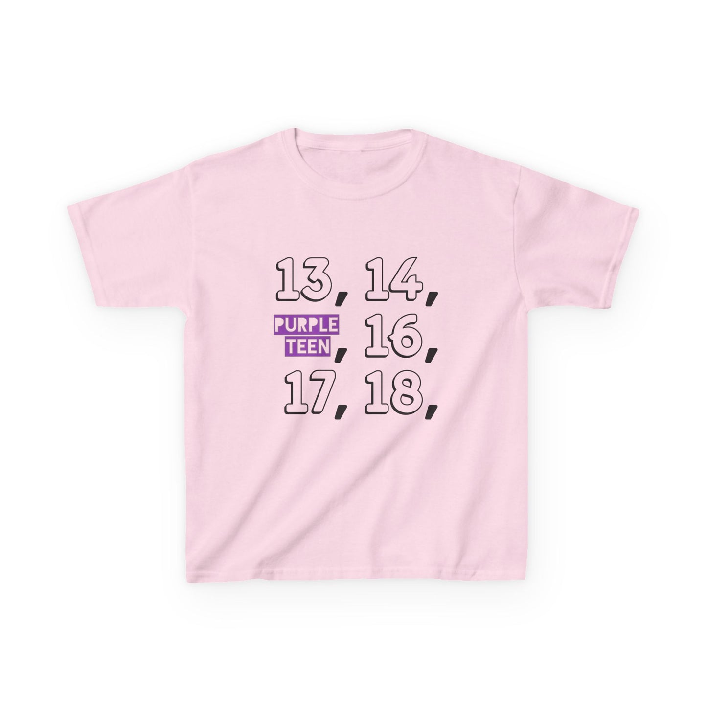 Pink t-shirt with black and purple text on a white background