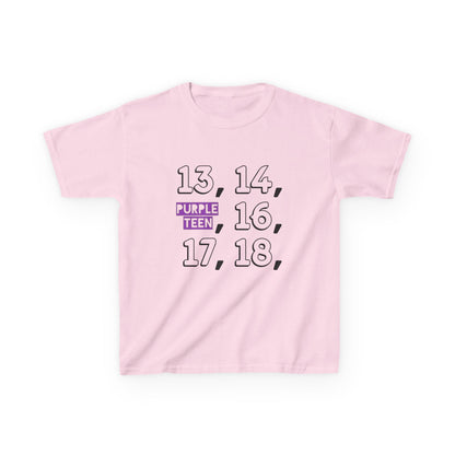 Pink t-shirt with black and purple text on a white background