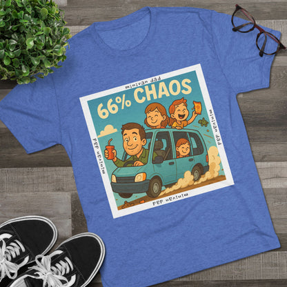 Cartoon dad driving minivan with three excited kids and snacks flying, “66% Chaos” design on dark heather tee – 66 Percent parenting apparel