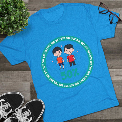 Original Boy Boy 50% Tri-Blend Tee — graphic t-shirt flat-lay, cartoon siblings inside teal 50% circle, repeating 50% pattern, bold 50% text, casual unisex style.