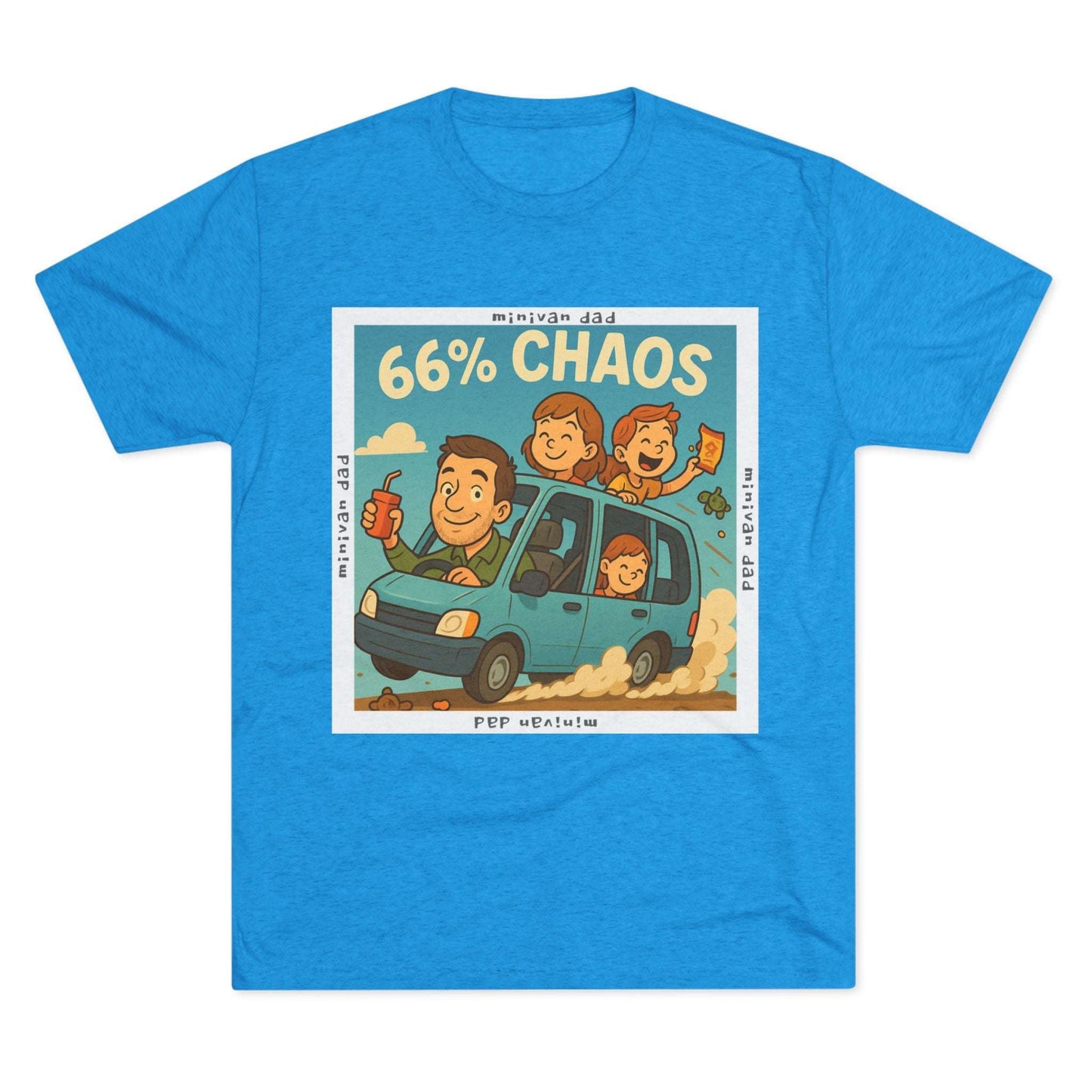 Cartoon dad driving minivan with three excited kids and snacks flying, “66% Chaos” design on dark heather tee – 66 Percent parenting apparel