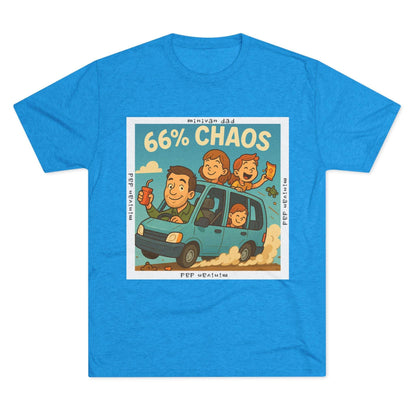 Cartoon dad driving minivan with three excited kids and snacks flying, “66% Chaos” design on dark heather tee – 66 Percent parenting apparel