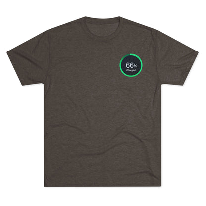 Retro 66% Charged Tri-Blend Tee, showing a vibrant green circular battery gauge reading “66% Charged”
