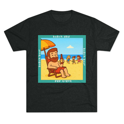 Beach Dad drinking beer on the sand with kids playing – 66% Tri-Blend Tee