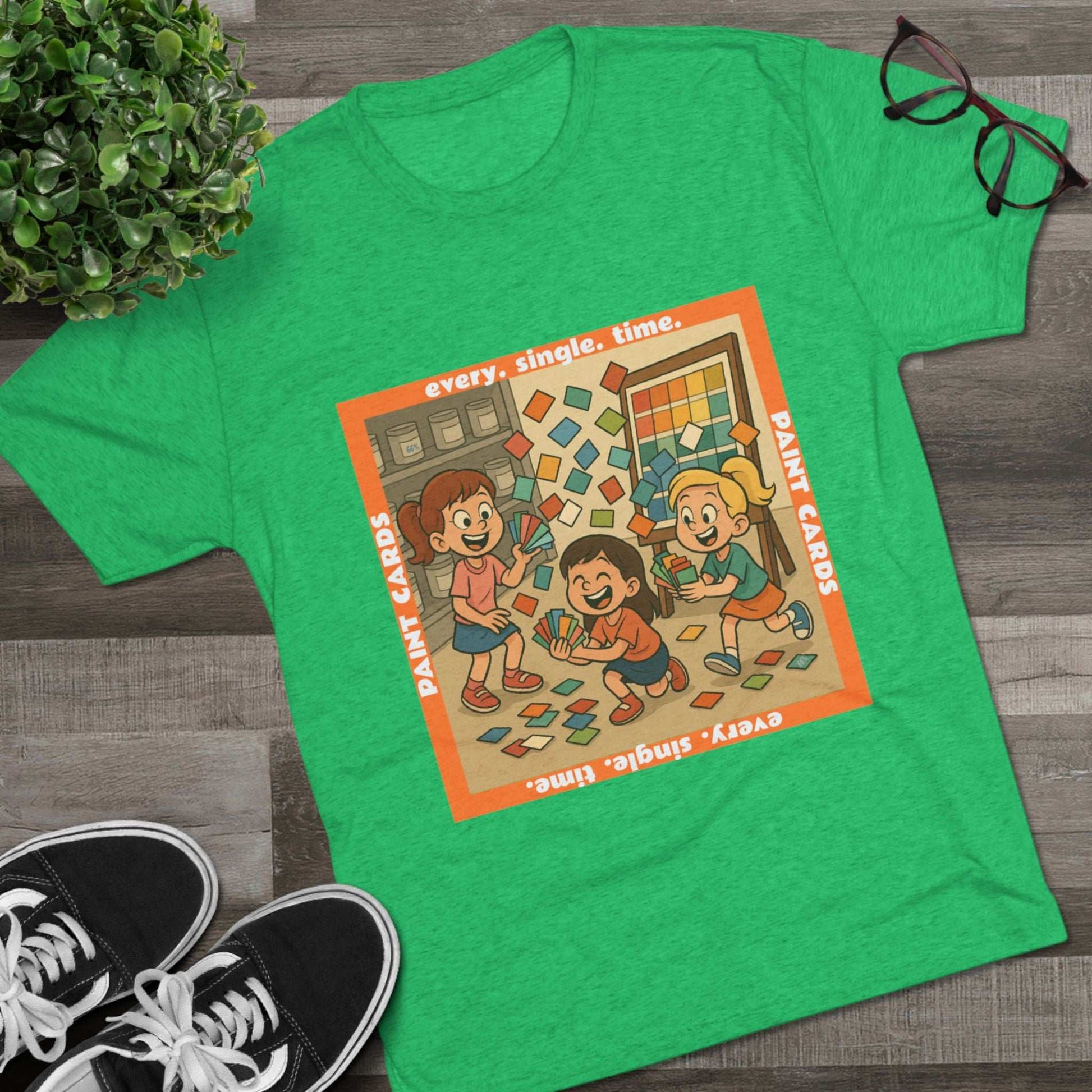 Paint Cards Every Single Time 66% Tri-Blend Tee — graphic t-shirt, flat-lay with cartoon kids and paint swatches, orange bordered square design, casual unisex style
