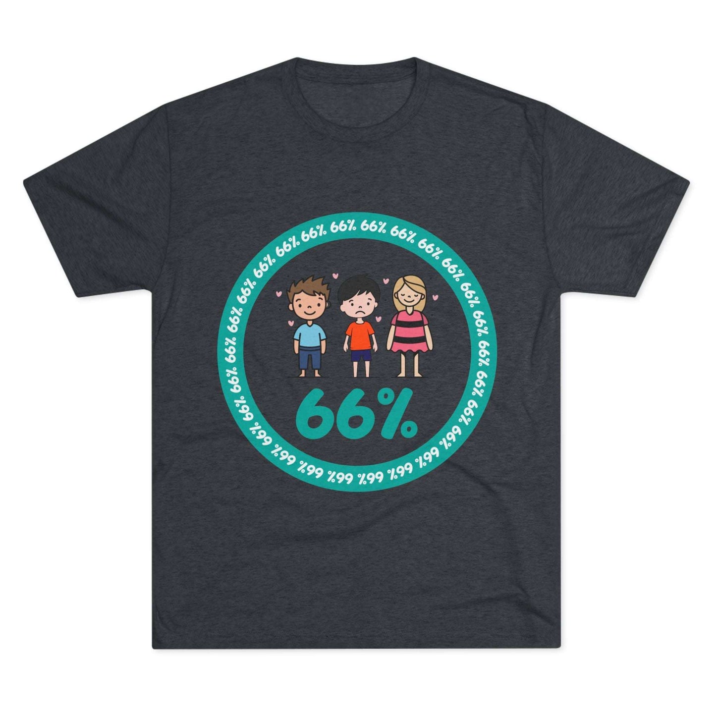 Flat-lay of tri-blend tee with two cartoon boys and one girl inside a teal 66% circle and repeating 66% border