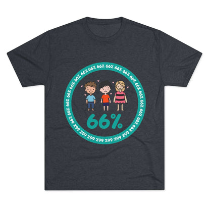 Flat-lay of tri-blend tee with two cartoon boys and one girl inside a teal 66% circle and repeating 66% border