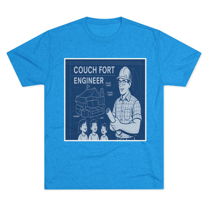Couch Fort Engineer T-Shirt —Blueprint-style schematic of a couch fort with labeled pillows and blanket, plus a hard-hat dad holding plans.