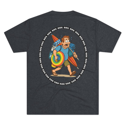Tri-blend tee featuring large central circular graphic of overwhelmed ‘Beach Dad’ loaded down with chairs, umbrella, floatie and towels, with ‘66% beach dad’ ring