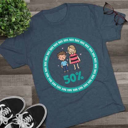 Original Boy Girl 50% Tri-Blend Tee — graphic t-shirt flat-lay, cartoon siblings inside teal 50% circle, repeating 50% pattern, bold 50% text, casual unisex style.