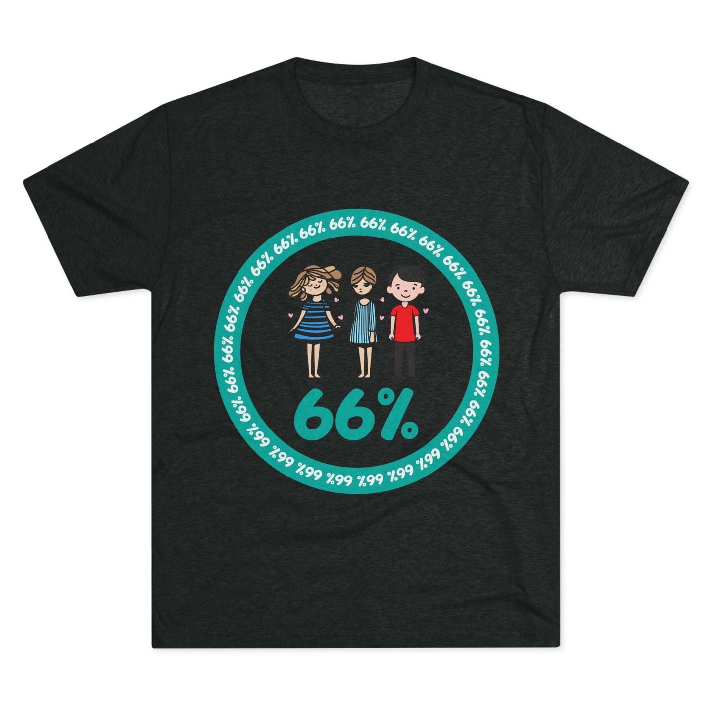 Flat-lay of tri-blend tee with two cartoon girls and one boy inside a teal 66% circle and repeating 66% border