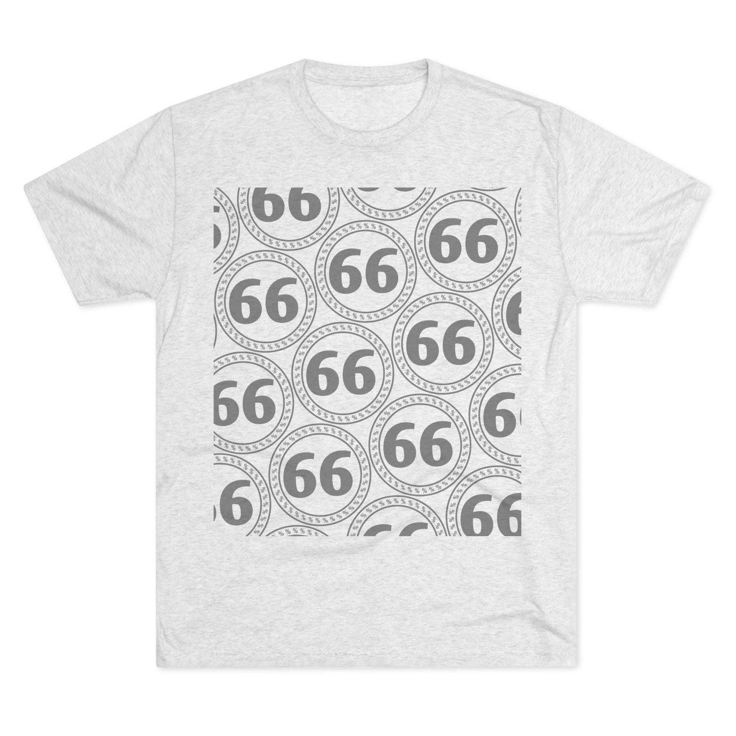 Retro 66% Pattern Tee— tri-blend graphic t-shirt flat-lay, repeating 66 circle pattern, casual vintage style.