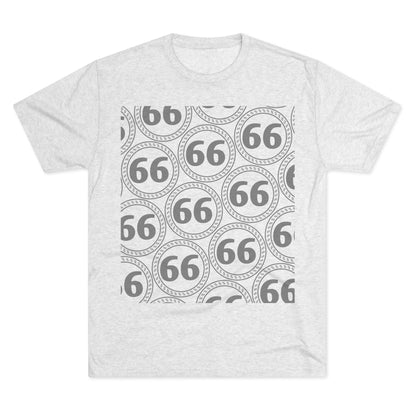 Retro 66% Pattern Tee— tri-blend graphic t-shirt flat-lay, repeating 66 circle pattern, casual vintage style.