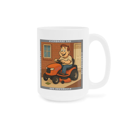 Graphic mug depicting a happy dad mowing the lawn on a ride-on tractor beside a brick wall and front door, encircled by the phrase ‘Overboard Dad’ in a repeating border.