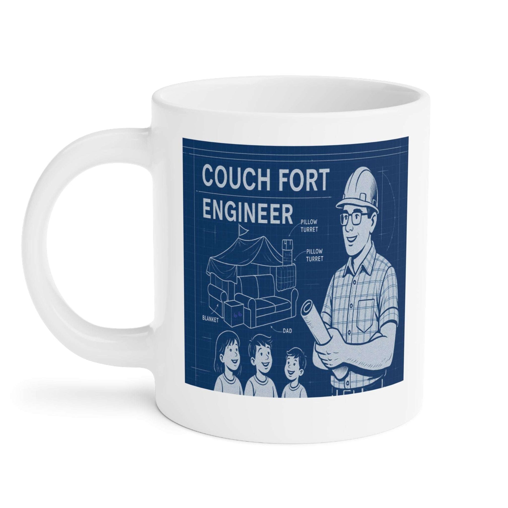 Blueprint-themed mug design reading ‘Couch Fort Engineer,’ depicting a dad wearing safety glasses and hardhat holding a plan, alongside a cutaway diagram of a living-room couch fort and three happy kids.