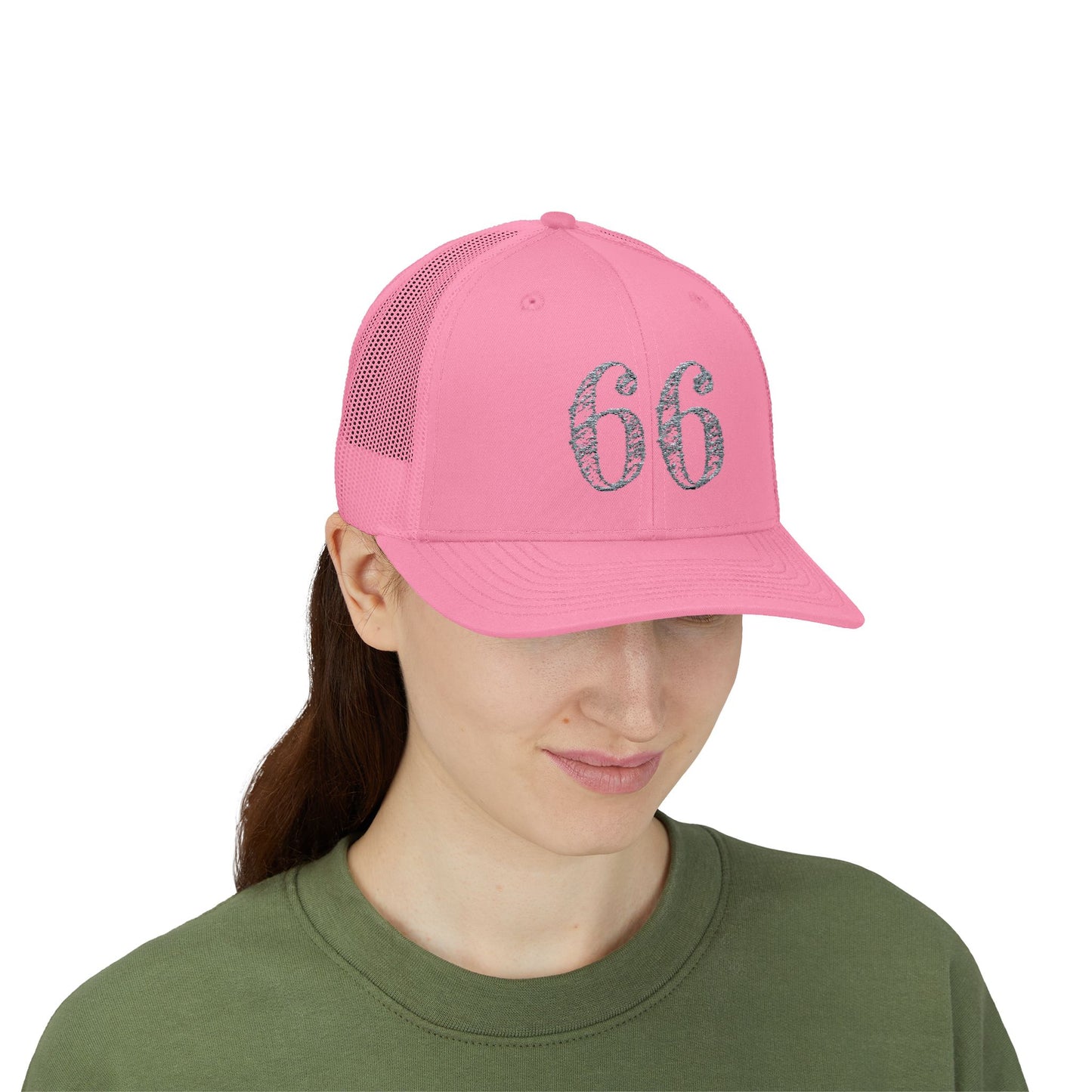 Mesh-back trucker hat with distressed ‘66’ printed on the front panel
