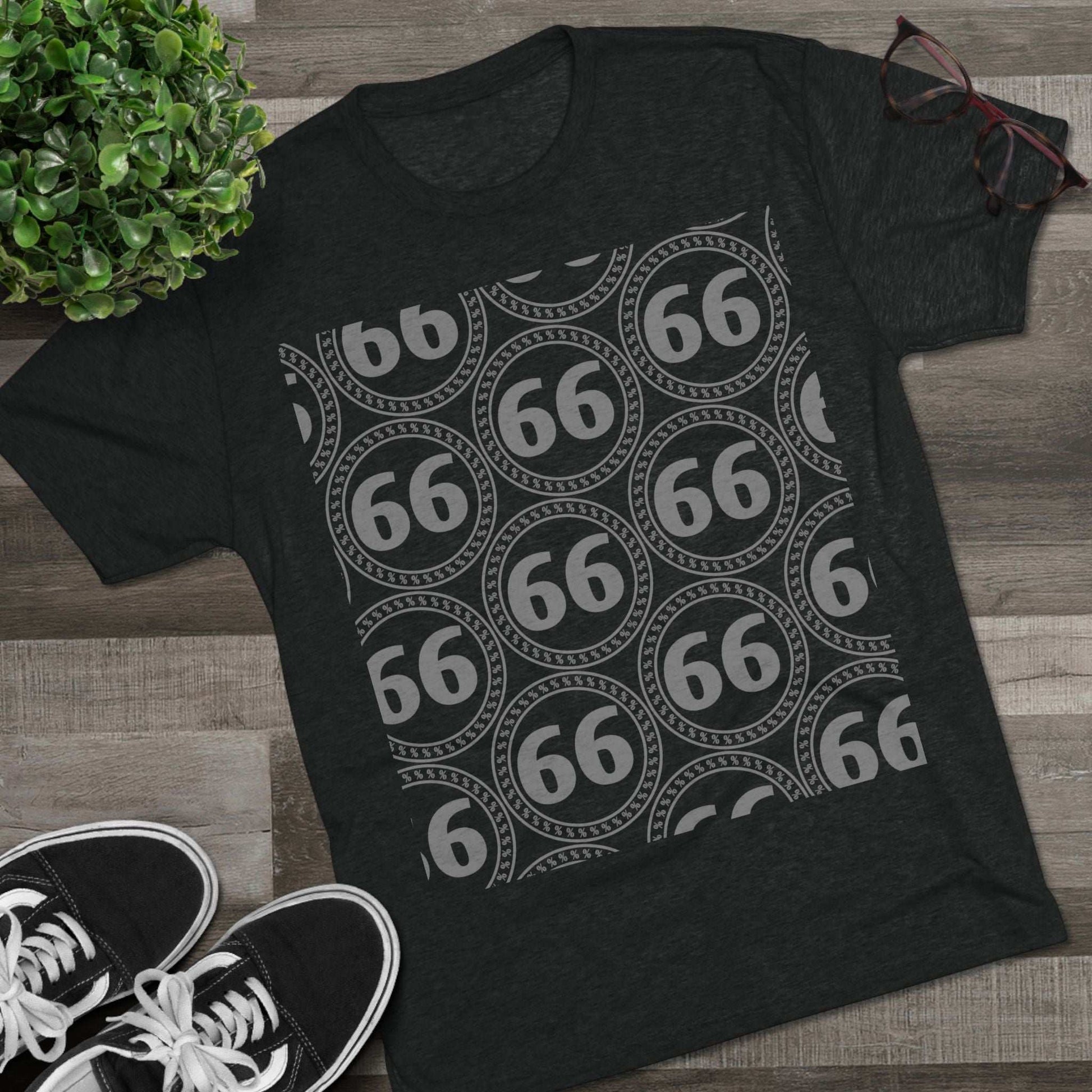 Retro 66% Pattern Tee— tri-blend graphic t-shirt flat-lay, repeating 66 circle pattern, casual vintage style.