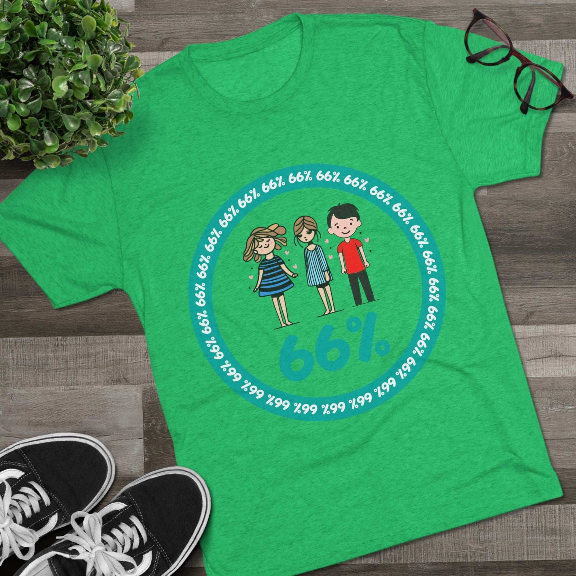 Flat-lay of tri-blend tee with two cartoon girls and one boy inside a teal 66% circle and repeating 66% border