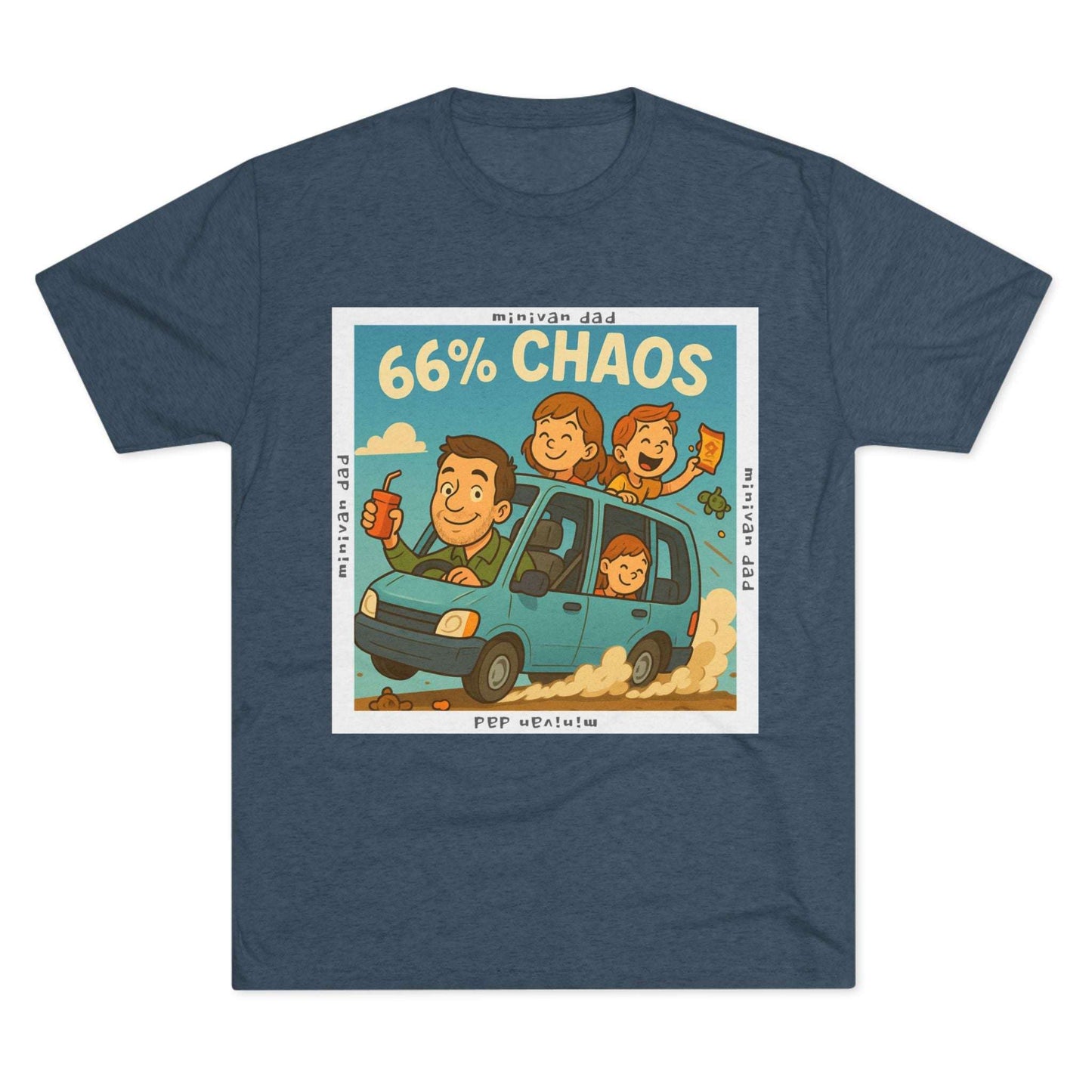 Cartoon dad driving minivan with three excited kids and snacks flying, “66% Chaos” design on dark heather tee – 66 Percent parenting apparel
