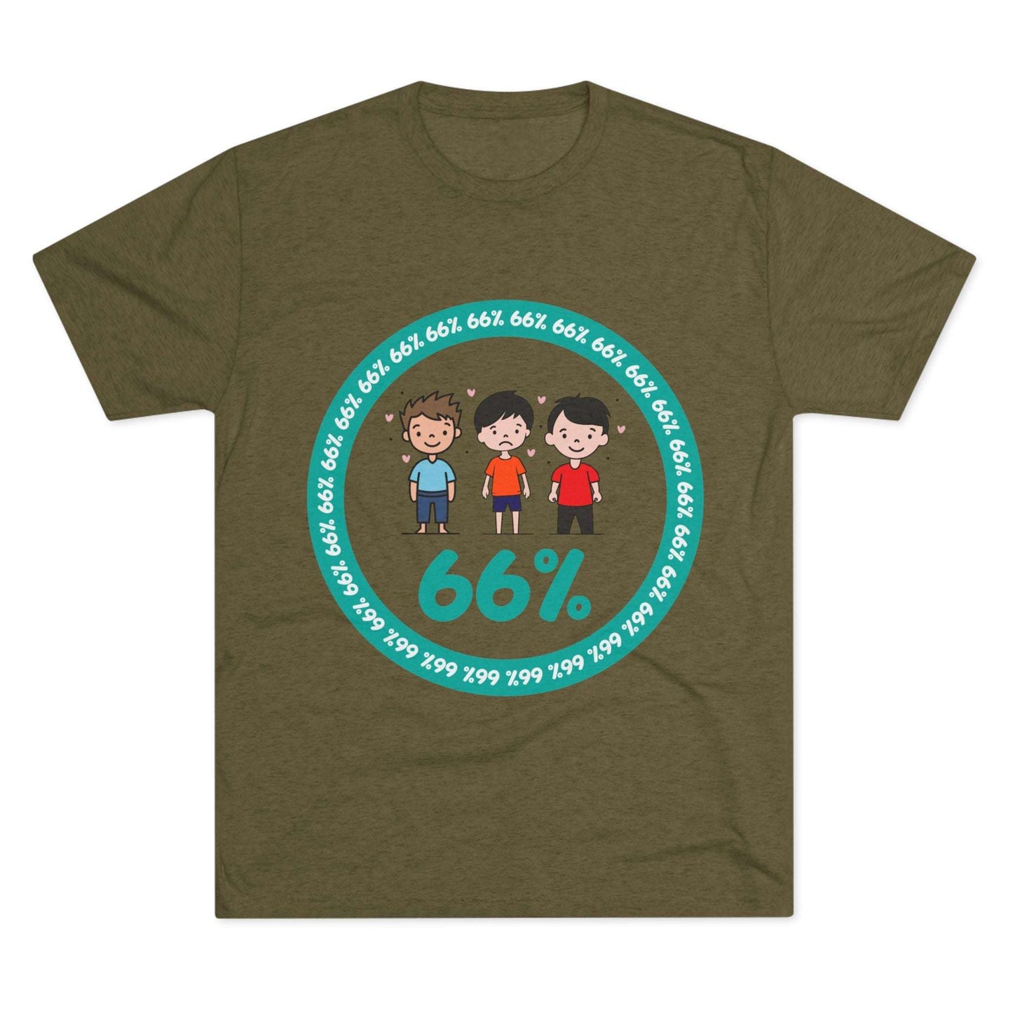 Flat-lay of tri-blend tee with three cartoon boys inside a teal 66% circle and repeating 66% border