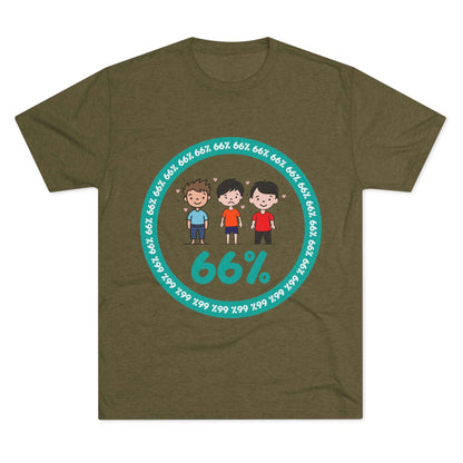 Flat-lay of tri-blend tee with three cartoon boys inside a teal 66% circle and repeating 66% border