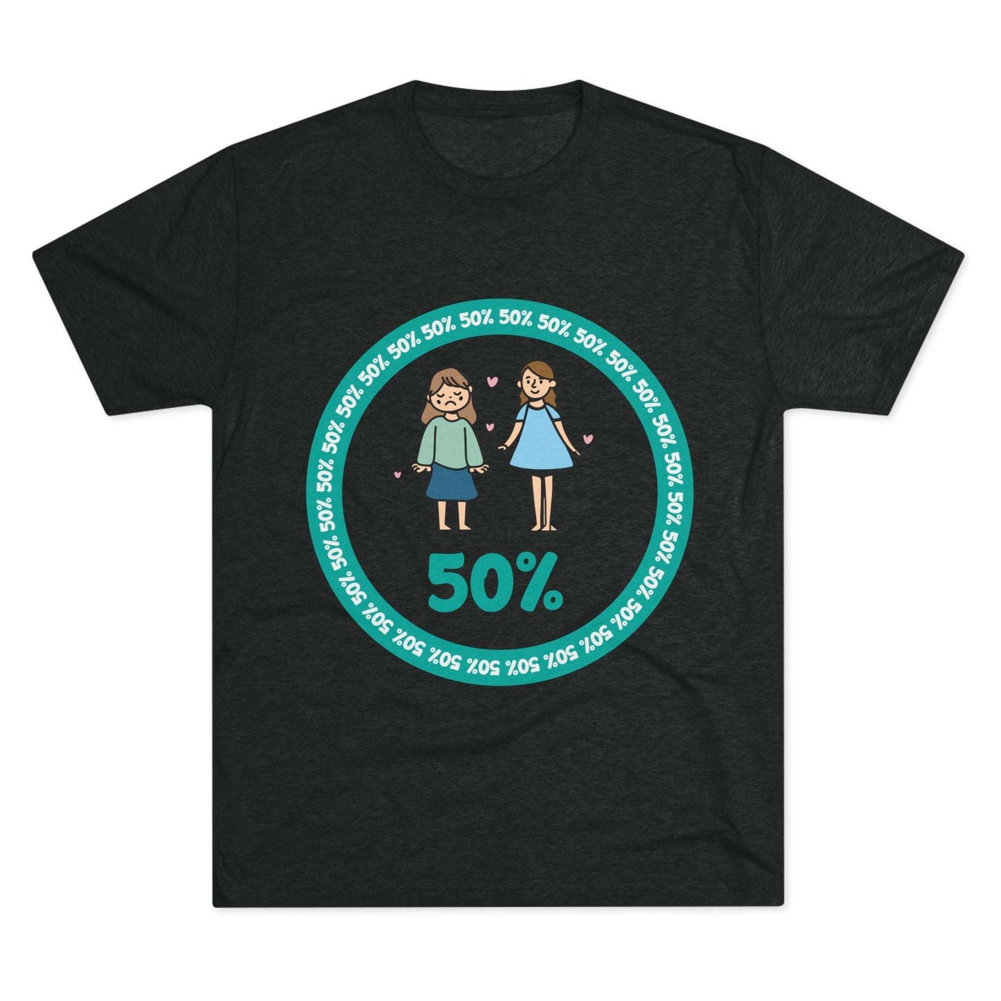 Original Girl Girl 50% Tri-Blend Tee — graphic t-shirt flat-lay, cartoon siblings inside teal 50% circle, repeating 50% pattern, bold 50% text, casual unisex style.