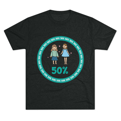 Original Girl Girl 50% Tri-Blend Tee — graphic t-shirt flat-lay, cartoon siblings inside teal 50% circle, repeating 50% pattern, bold 50% text, casual unisex style.
