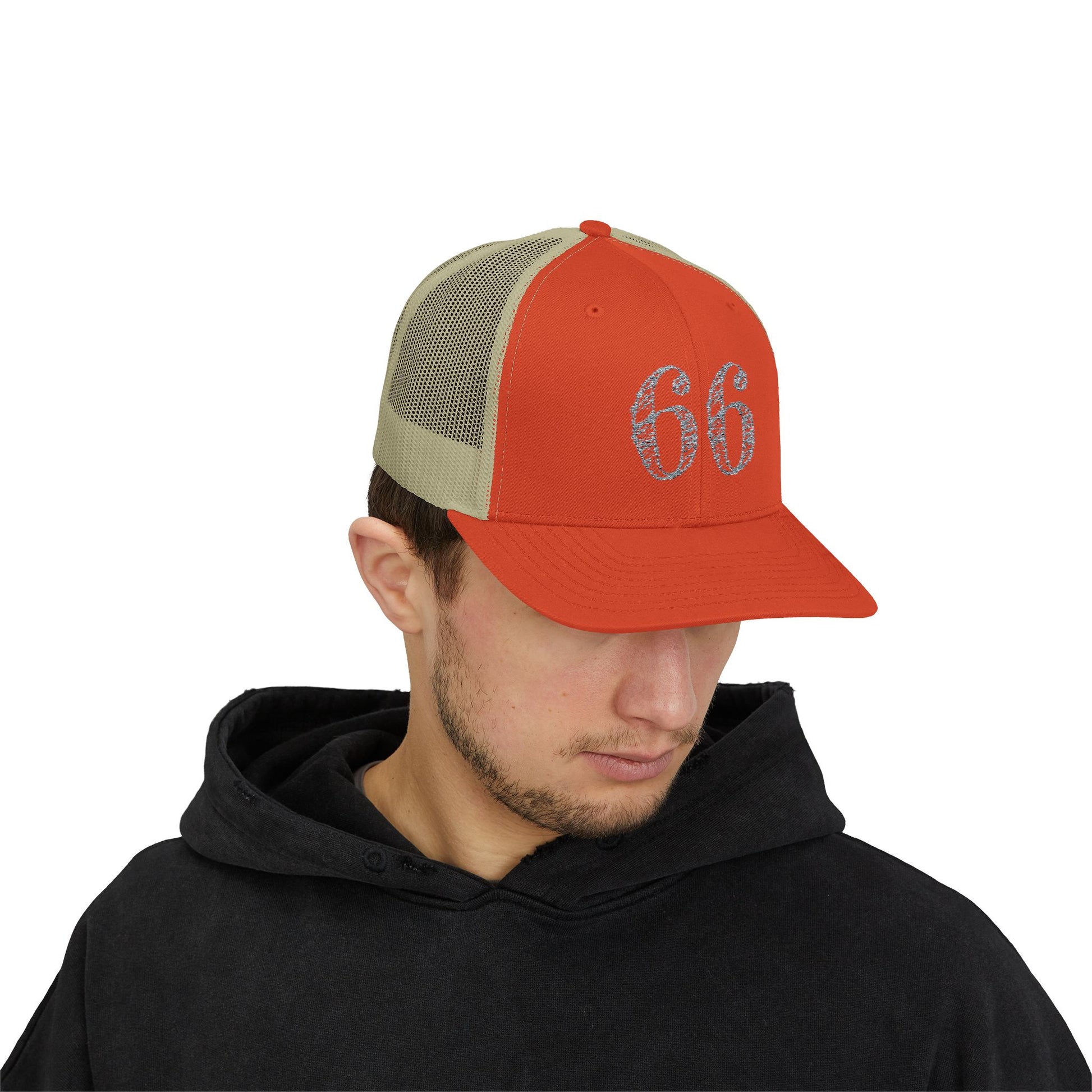 Mesh-back trucker hat with distressed ‘66’ printed on the front panel