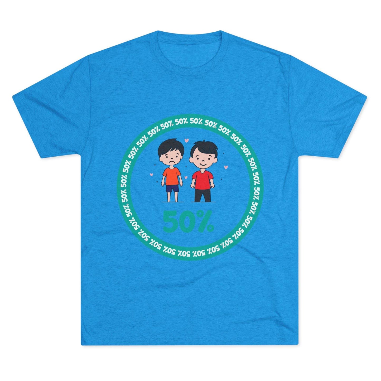 Original Boy Boy 50% Tri-Blend Tee — graphic t-shirt flat-lay, cartoon siblings inside teal 50% circle, repeating 50% pattern, bold 50% text, casual unisex style.