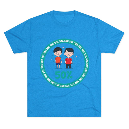 Original Boy Boy 50% Tri-Blend Tee — graphic t-shirt flat-lay, cartoon siblings inside teal 50% circle, repeating 50% pattern, bold 50% text, casual unisex style.