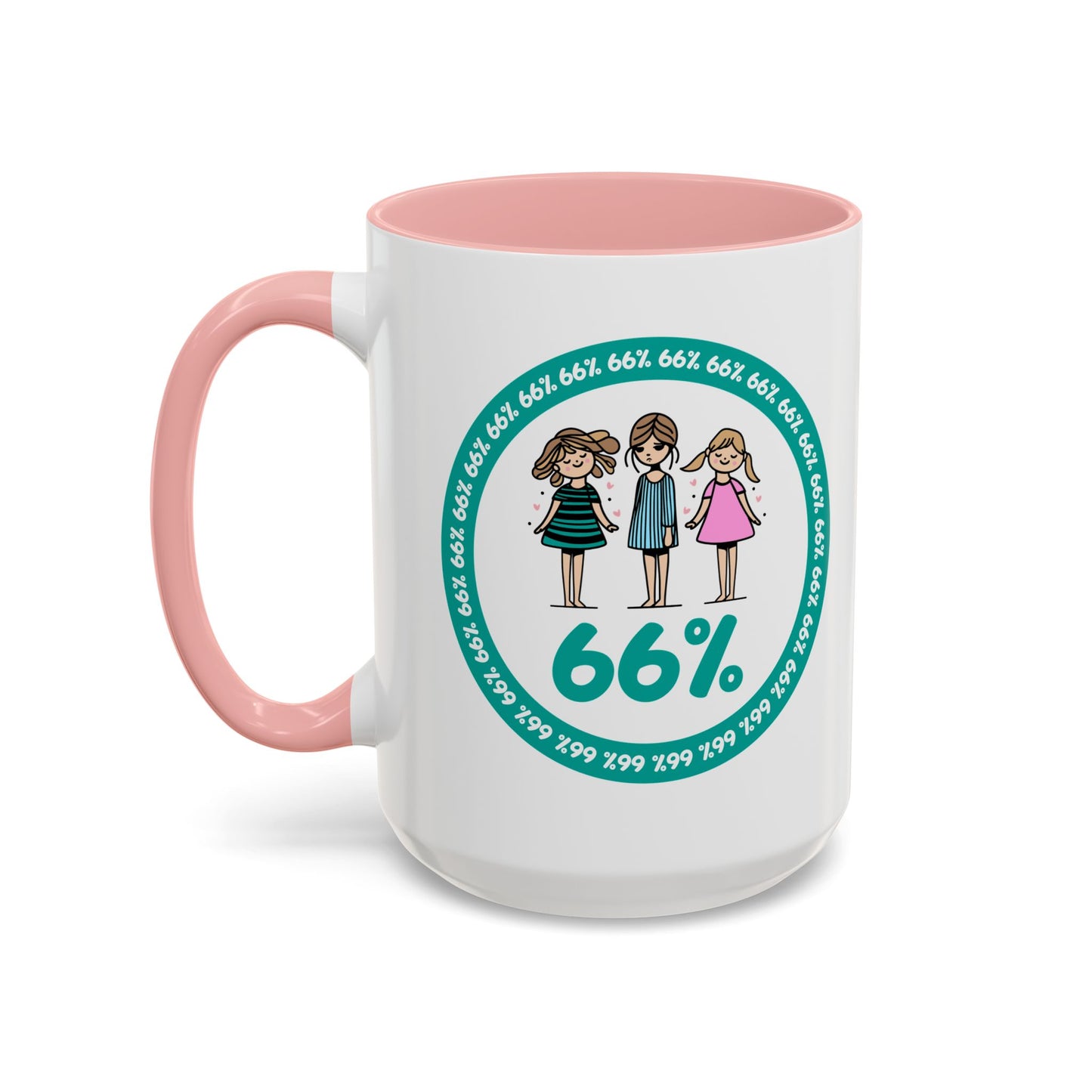 White 66% coffee mug with black handle, featuring three cute daughter illustrations in teal and pink—perfect gift for parents of three kids