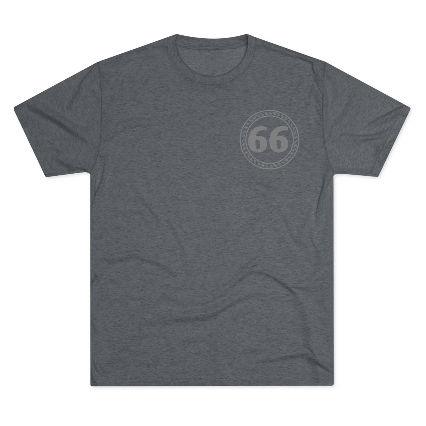 Retro 66% Tri-Blend Tee — flat-lay graphic t-shirt with circular 66 logo, heather blend, casual unisex style
