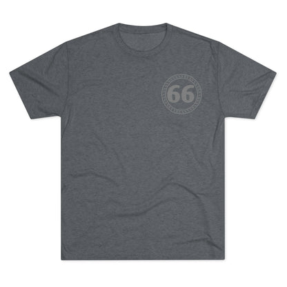 Retro 66% Tri-Blend Tee — flat-lay graphic t-shirt with circular 66 logo, heather blend, casual unisex style