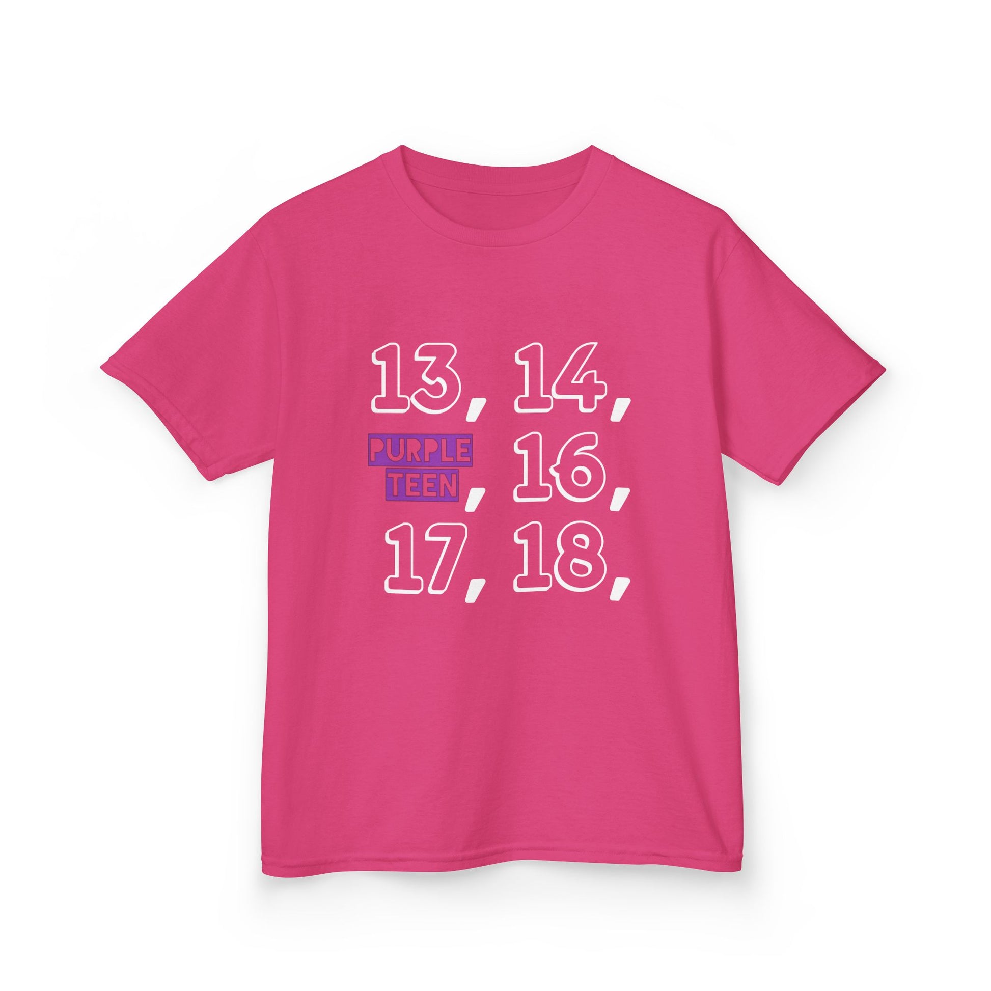 Pink t-shirt with numbers and text on a white background