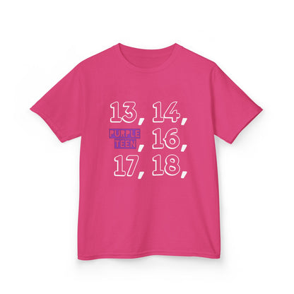 Pink t-shirt with numbers and text on a white background