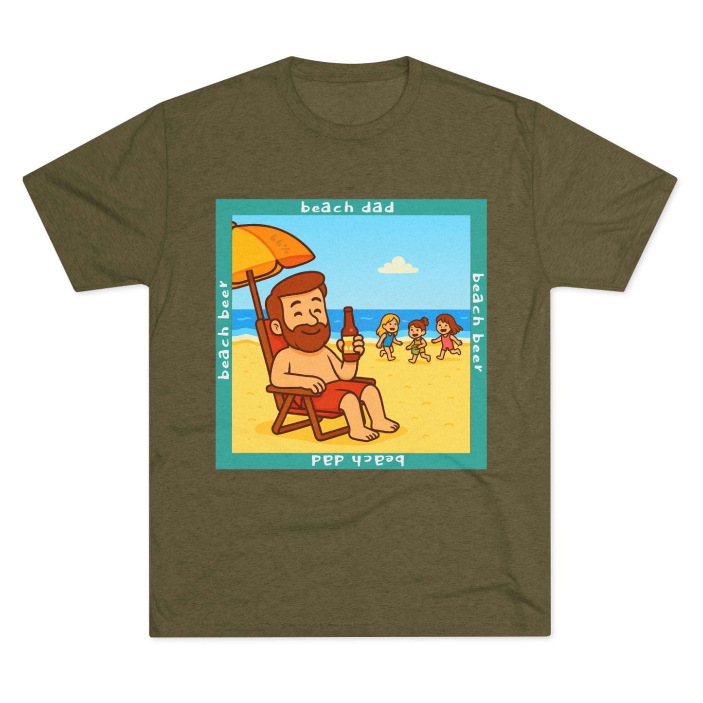 Beach Dad drinking beer on the sand with kids playing – 66% Tri-Blend Tee