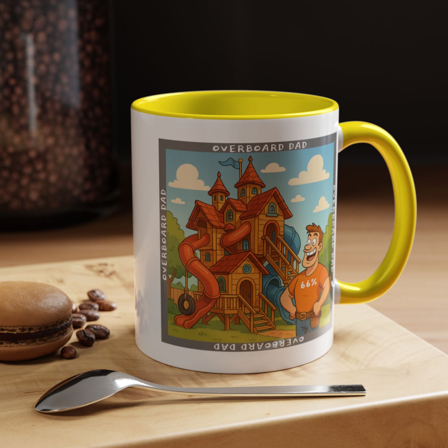 White ceramic mug printed with a cartoon dad wearing a ‘66%’ shirt standing beside a multi-level wooden playhouse with twisting slides, framed by the text ‘OVERBOARD DAD’.