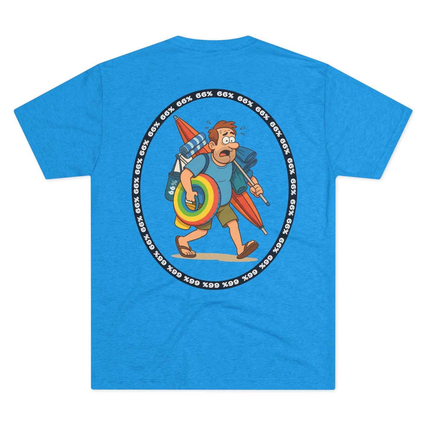 Tri-blend tee featuring large central circular graphic of overwhelmed ‘Beach Dad’ loaded down with chairs, umbrella, floatie and towels, with ‘66% beach dad’ ring