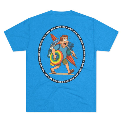 Tri-blend tee featuring large central circular graphic of overwhelmed ‘Beach Dad’ loaded down with chairs, umbrella, floatie and towels, with ‘66% beach dad’ ring