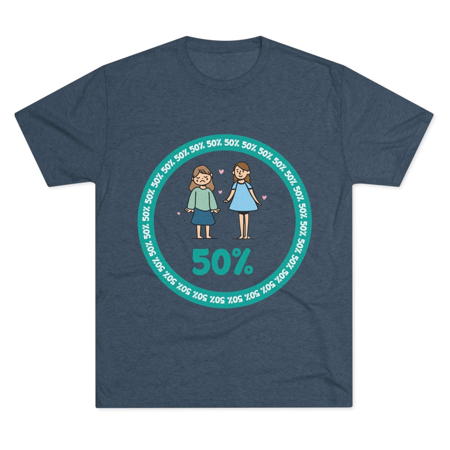 Original Girl Girl 50% Tri-Blend Tee — graphic t-shirt flat-lay, cartoon siblings inside teal 50% circle, repeating 50% pattern, bold 50% text, casual unisex style.